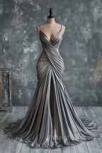 Mermaid V Neck Silver Spaghetti Straps Satin Prom Dresses Long Prom Dresses