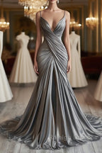 Mermaid V Neck Silver Spaghetti Straps Satin Long Prom Dress Sexy Evening Dress