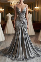 Mermaid V Neck Silver Spaghetti Straps Satin Prom Dresses Long Prom Dresses