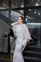 Mermaid V Neck Sleeveless Floor Length Prom Dresses With Crystal Beading