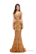 Mermaid V Neck Sleeveless Sequind Long Prom Dresses