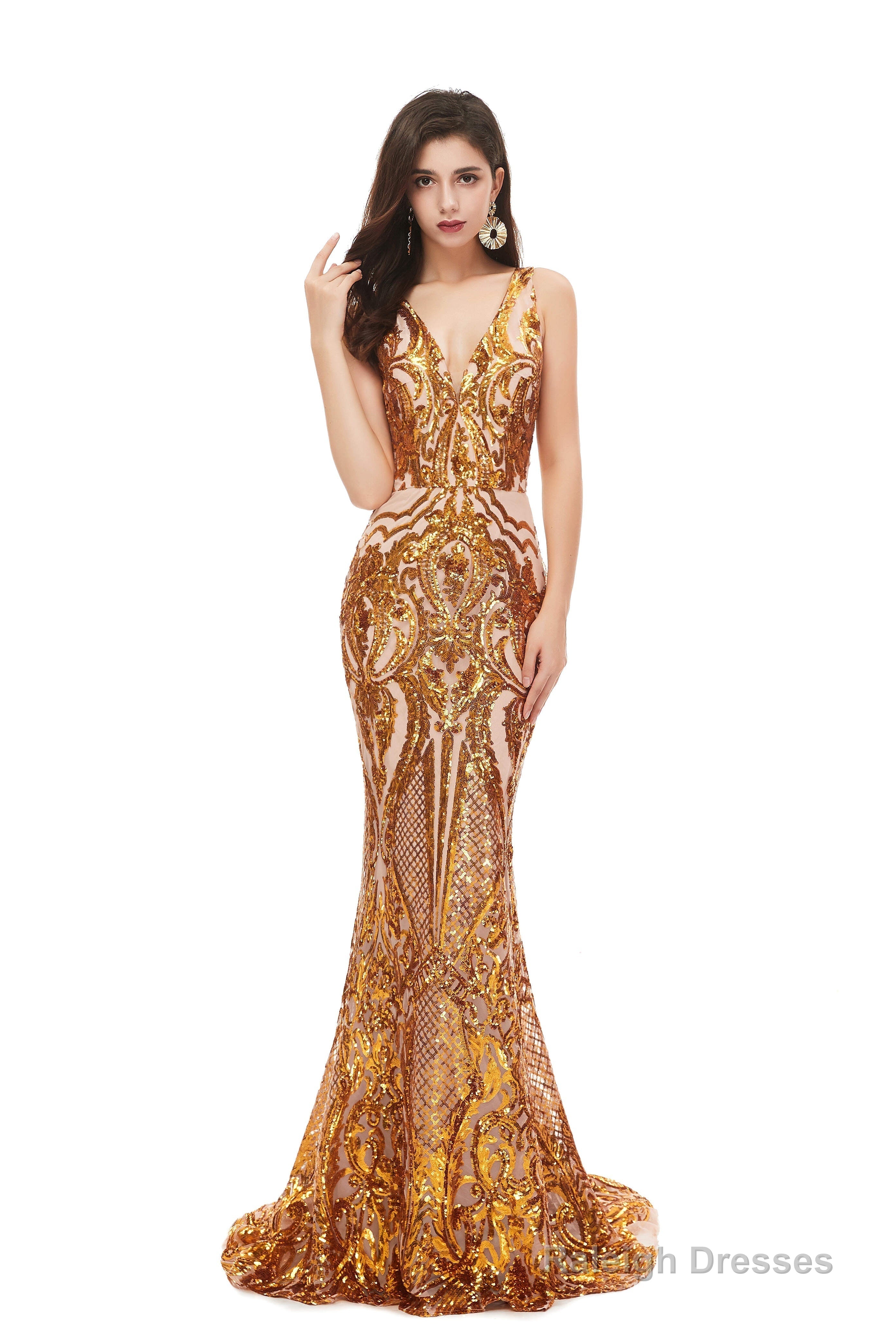 Mermaid V Neck Sleeveless Sequind Long Prom Dresses