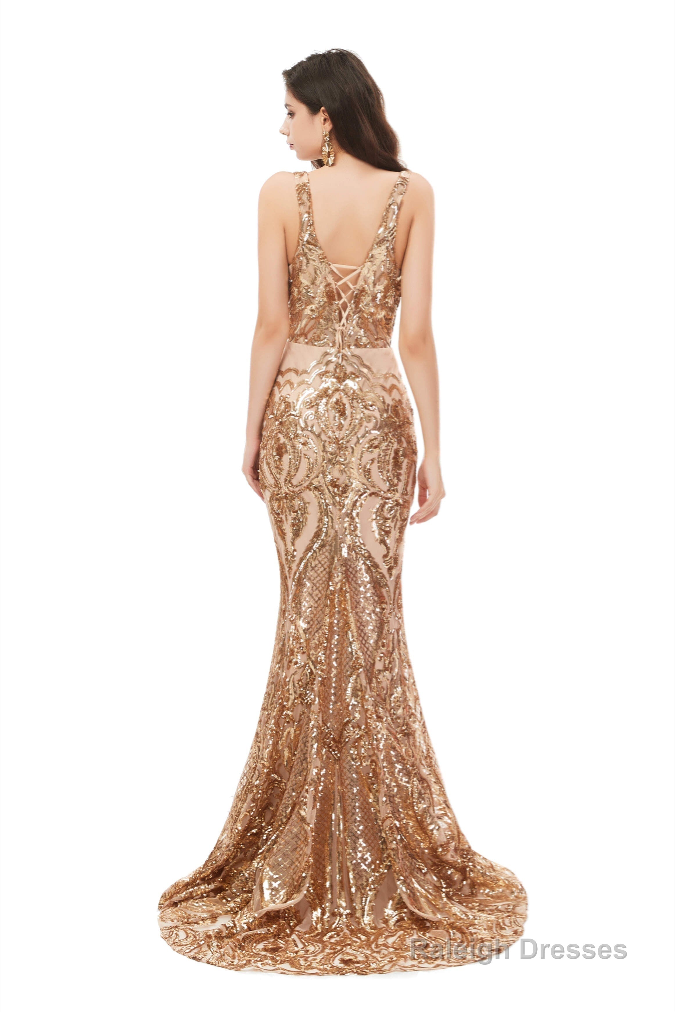 Mermaid V Neck Sleeveless Sequind Long Prom Dresses