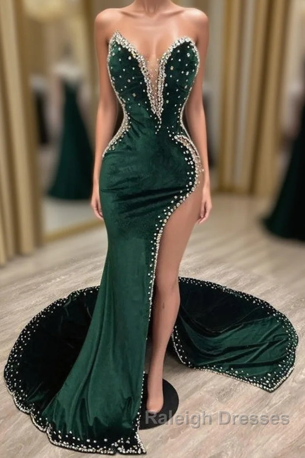 Mermaid V-neck Spaghetti strap Beaded High Split Floor-length Sleeveless Prom Dress