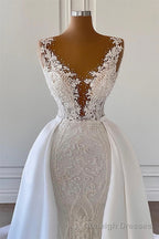 Mermaid V Neck Spaghetti strap Lace Floor Length Sleeveless Applique Beaded With Side Train Wedding Dress