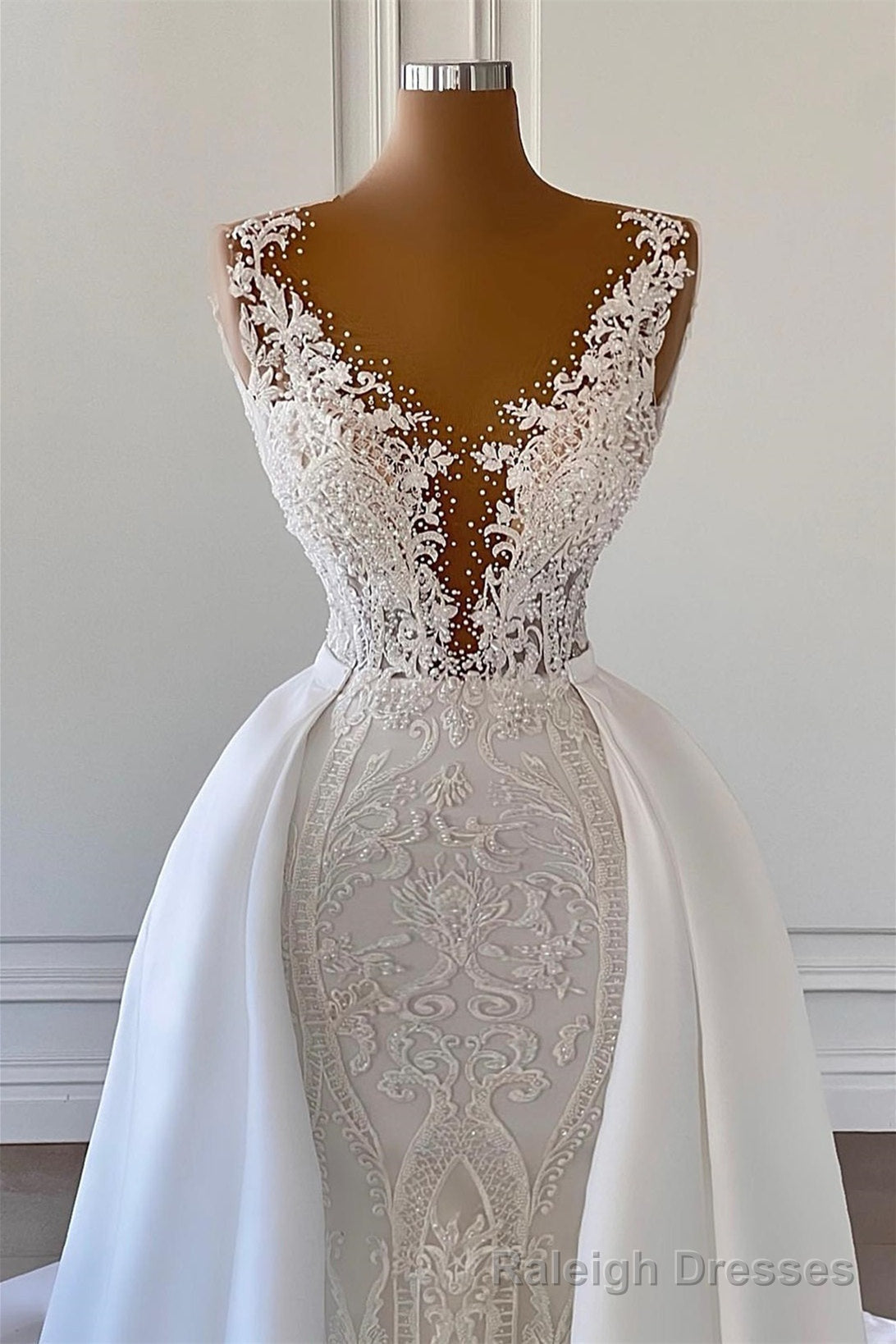 Mermaid V Neck Spaghetti strap Lace Floor Length Sleeveless Applique Beaded With Side Train Wedding Dress