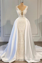 Mermaid V Neck Spaghetti strap Lace Floor Length Sleeveless Applique Beaded With Side Train Wedding Dress