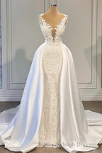 Mermaid V-neck Spaghetti strap Lace Floor-length Sleeveless Applique Beaded With Side Train Wedding Dress