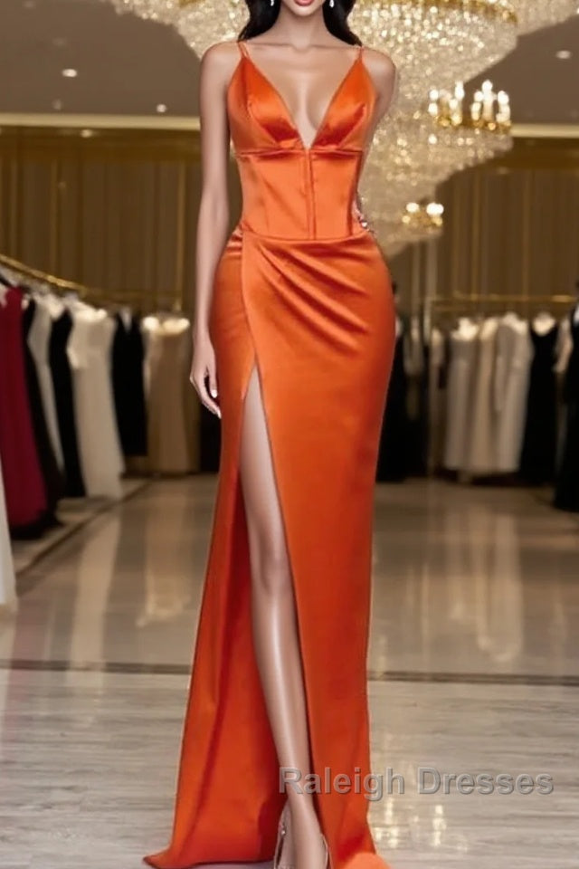 Mermaid V-Neck Spaghetti Straps Satin Dress With Slit Main image