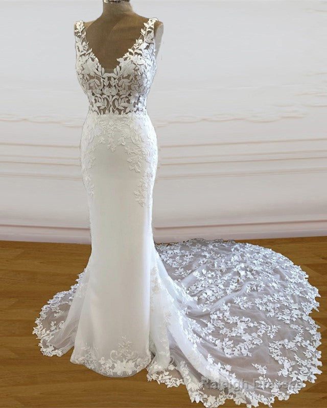 Mermaid V Neck Sweep Train Lace Embroidery Wedding Dresses