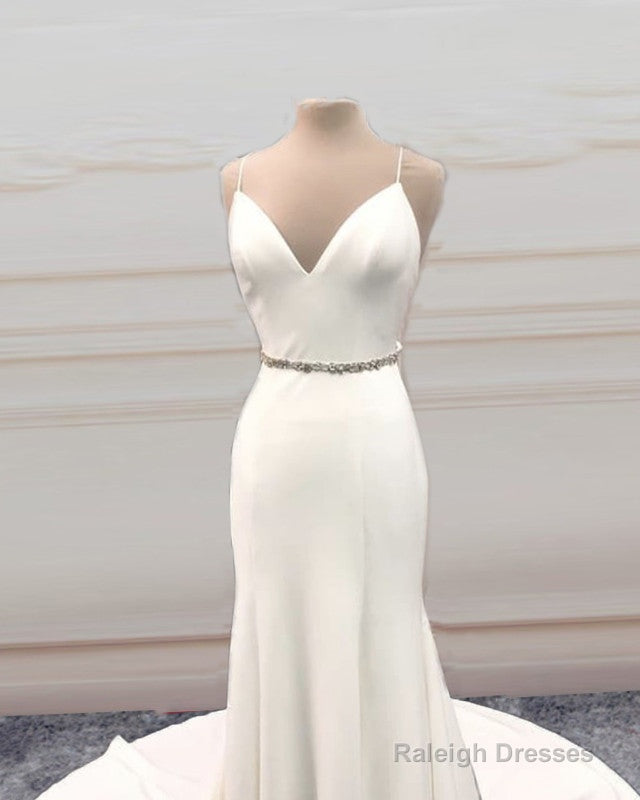 Mermaid V Neck Sweep Train Wedding Dresses Bow Sashes