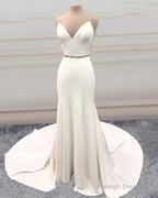 Mermaid V Neck Sweep Train Wedding Dress Bow Sashes