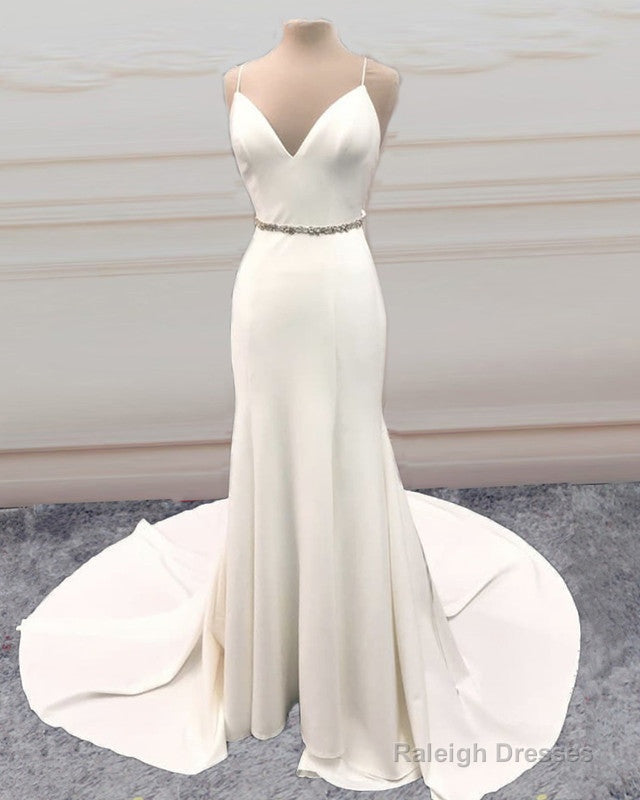 Mermaid V Neck Sweep Train Wedding Dresses Bow Sashes Main image