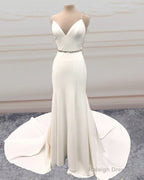Mermaid V Neck Sweep Train Wedding Dresses Bow Sashes