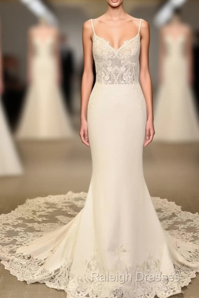 Mermaid V Neck Sweep Train Wedding Dresses Lace Appliques Main image