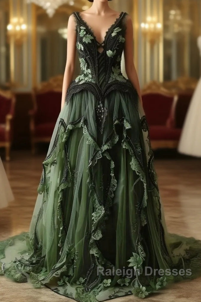 Mermaid V-Neck Tulle Applique Long Prom Dress Vintage Lace Formal Evening Dress Main image