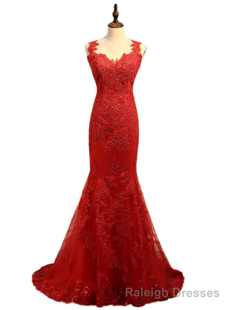 Mermaid V-neck Tulle Appliques Lace See Through Sexy Long Prom Dresses