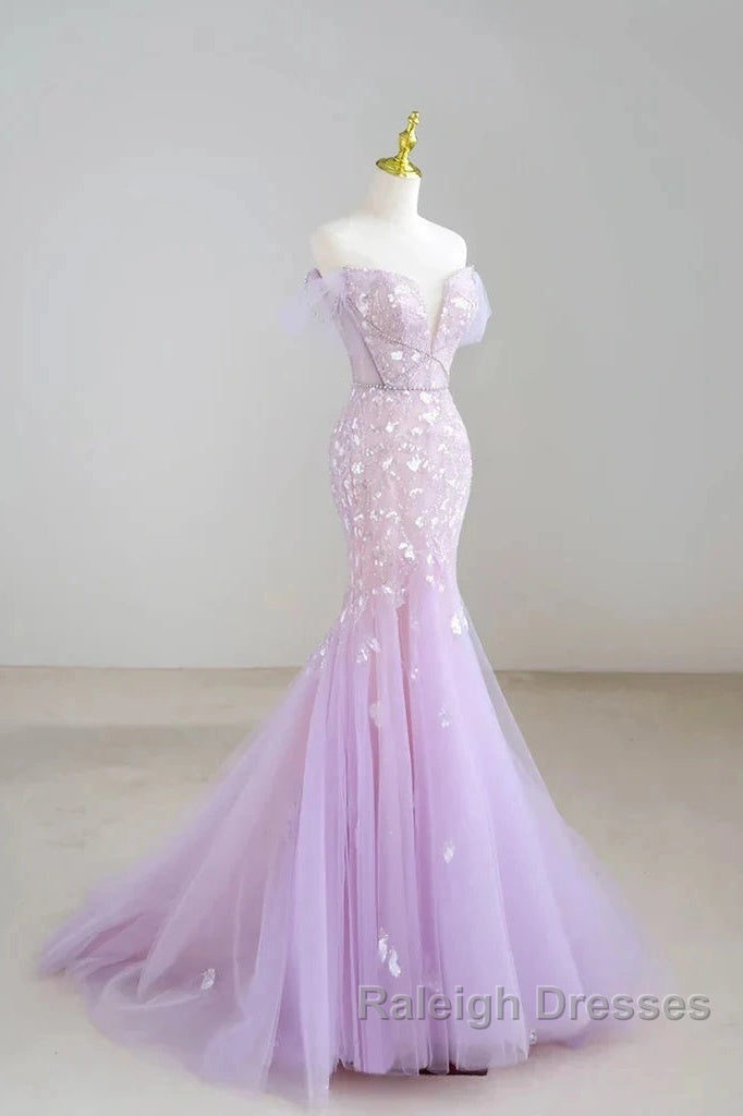 Mermaid V Neck Tulle Sequin Purple Long Prom Dress Formal Dress