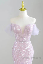 Mermaid V Neck Tulle Sequin Purple Prom Dresses Long Prom Dresses