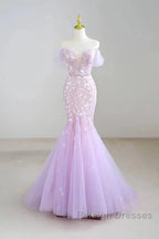 Mermaid V Neck Tulle Sequin Purple Long Prom Dress Formal Dress