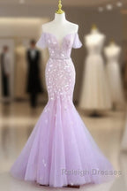 Mermaid V Neck Tulle Sequin Purple Prom Dresses Long Prom Dresses