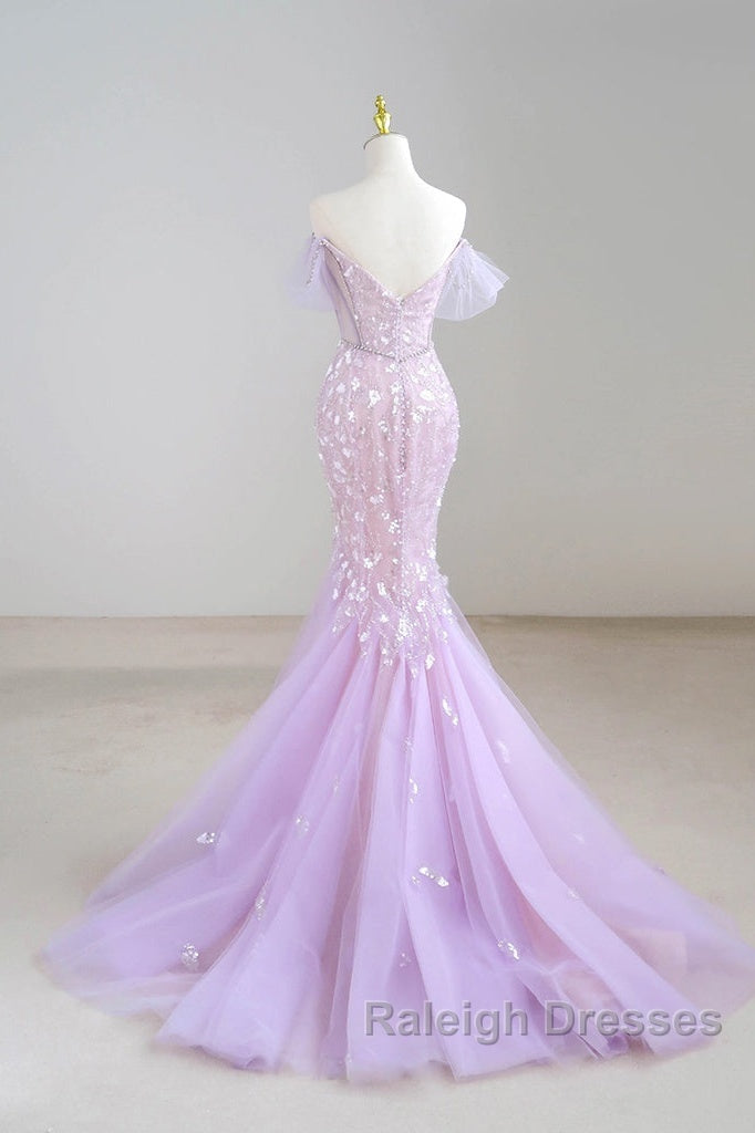 Mermaid V Neck Tulle Sequin Purple Long Prom Dress, Purple Long Formal Dress Secondary image