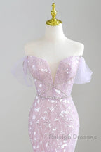 Mermaid V Neck Tulle Sequin Purple Long Prom Dress, Purple Long Formal Dress