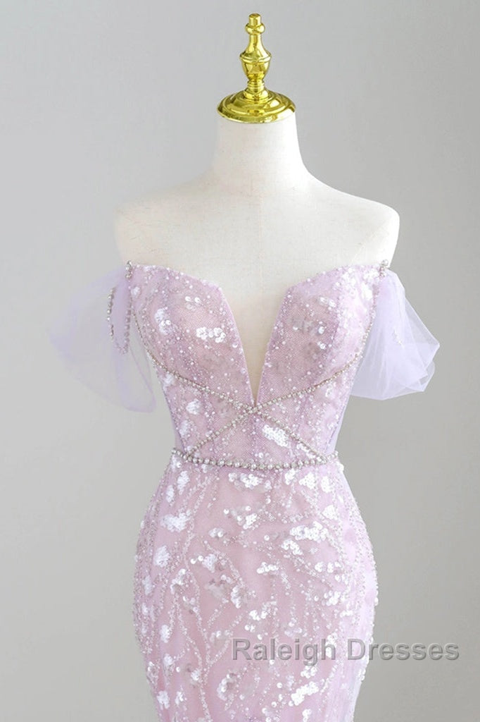 Mermaid V Neck Tulle Sequin Purple Long Prom Dress, Purple Long Formal Dress