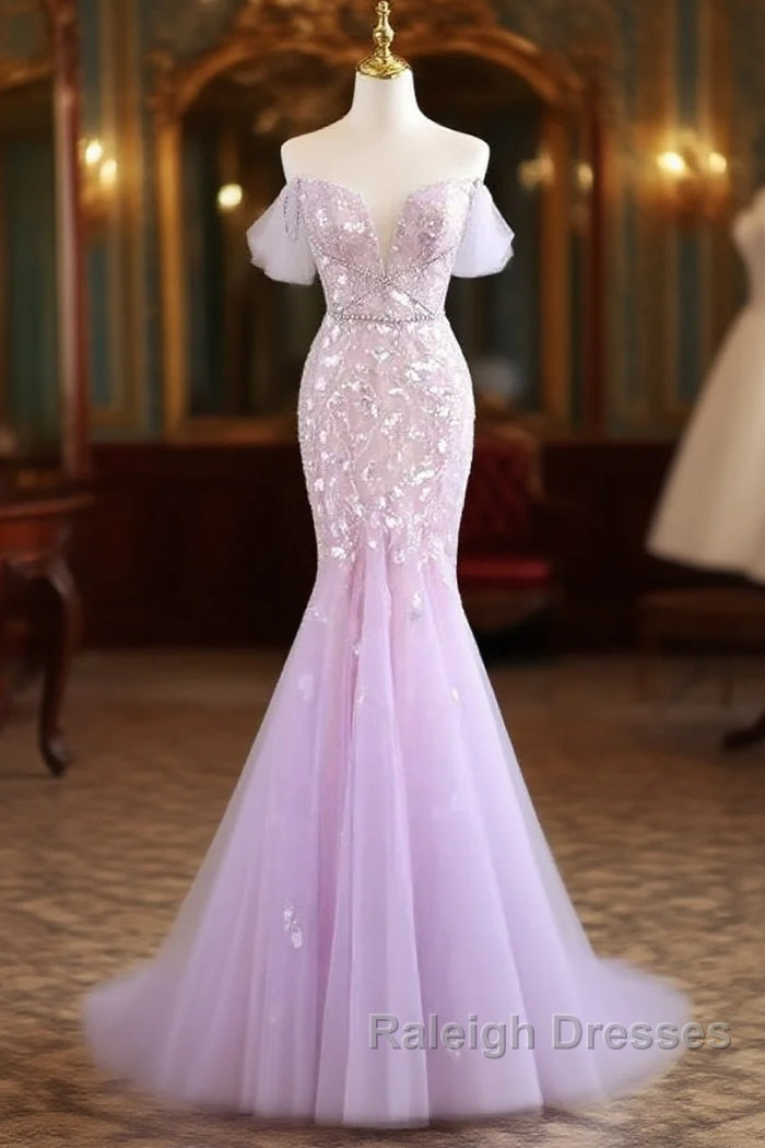 Mermaid V Neck Tulle Sequin Purple Long Prom Dresses Purple Long Prom Dresses
