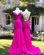 Mermaid V-Neckline Cross-Back Satin Dresses