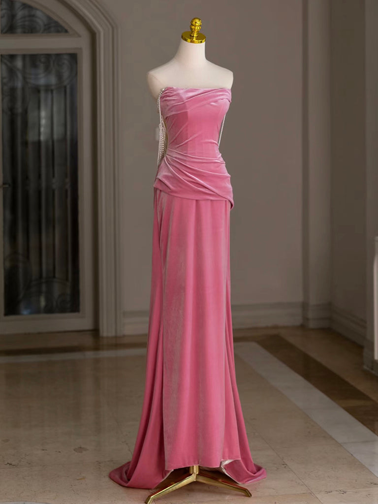 Mermaid Velvet Beads Pink Long Formal Prom Dress, Pink Long Formal Dress
