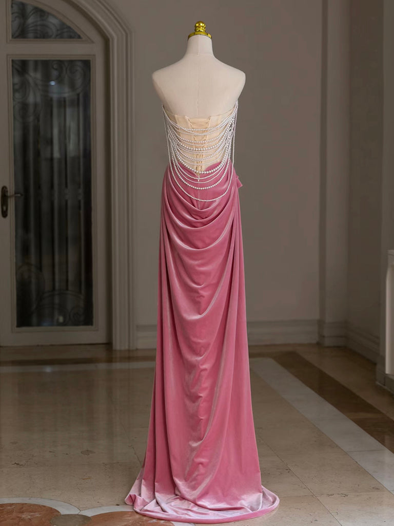 Mermaid Velvet Beads Pink Long Formal Prom Dress, Pink Long Formal Dress