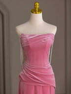Mermaid Velvet Beads Pink Long Formal Prom Dress, Pink Long Formal Dress