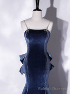 Mermaid Velvet Blue Long Prom Dresses, Blue Velvet Long Prom Dress