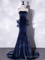 Mermaid Velvet Blue Long Prom Dresses, Blue Velvet Long Prom Dress