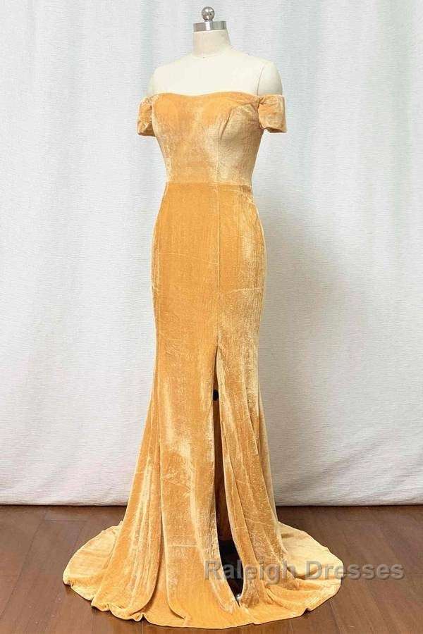 Mermaid Velvet Bridesmaid Dress Off Shoulder Gold Wedding Formal Dress Secondary image