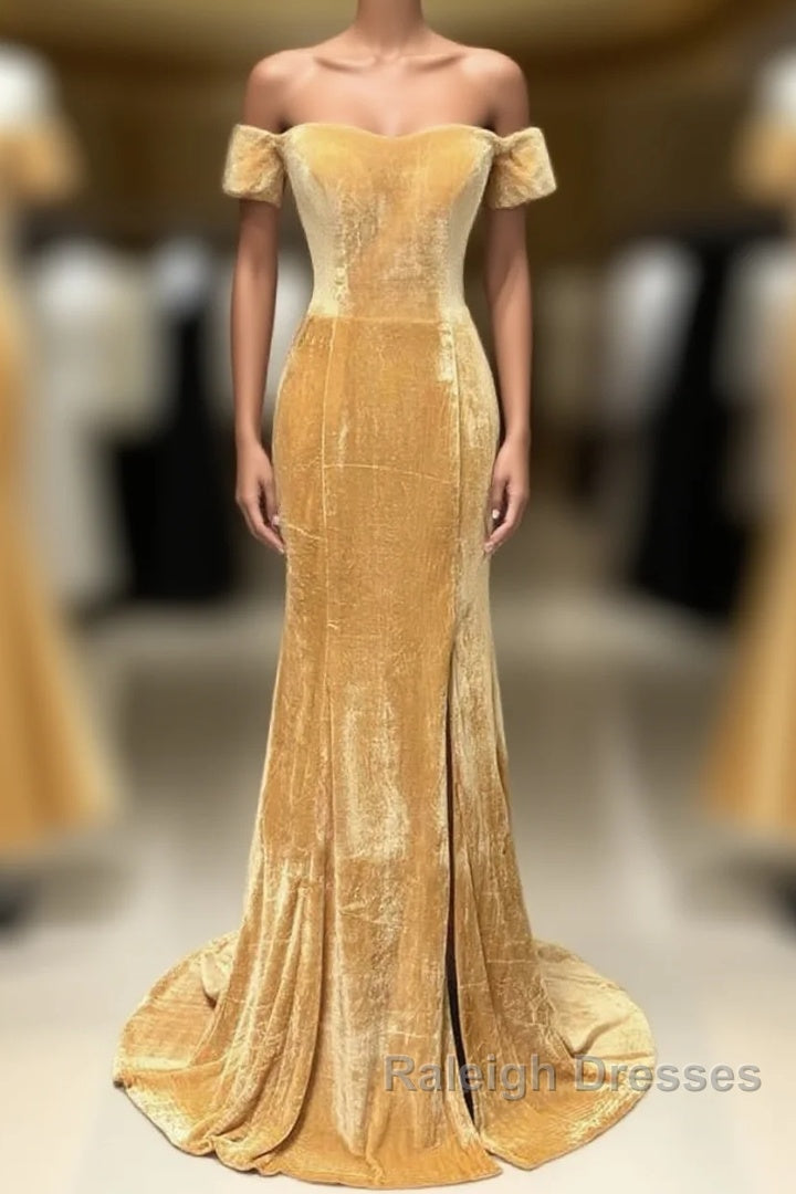 Mermaid Velvet Bridesmaid Dress Off Shoulder Gold Wedding Formal Dress Main image