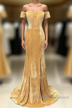 Mermaid Velvet Bridesmaid Dresses Off Shoulder Gold Wedding Prom Dresses