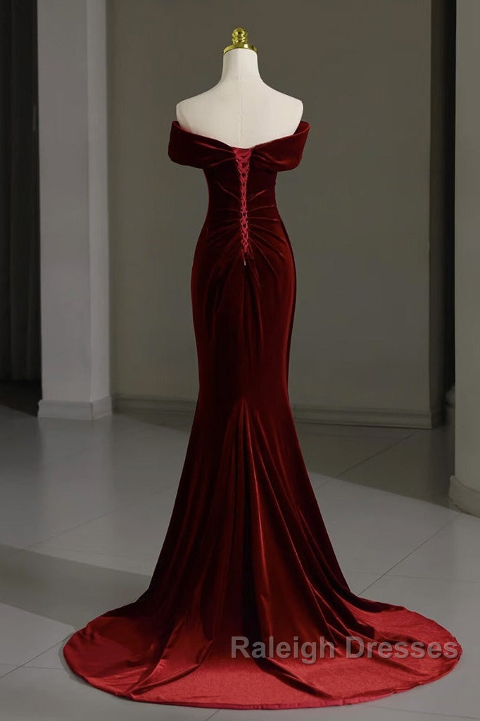 Mermaid Velvet Burgundy Long Prom Dress, Burgundy Long Evening Dress
