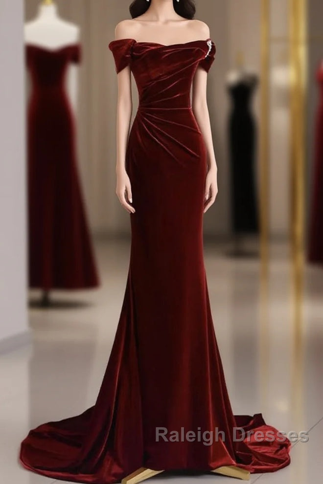 Mermaid Velvet Burgundy Long Prom Dress, Burgundy Long Evening Dress