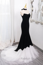Mermaid Velvet Tulle Black Long Prom Dress, Black Long Formal Dress