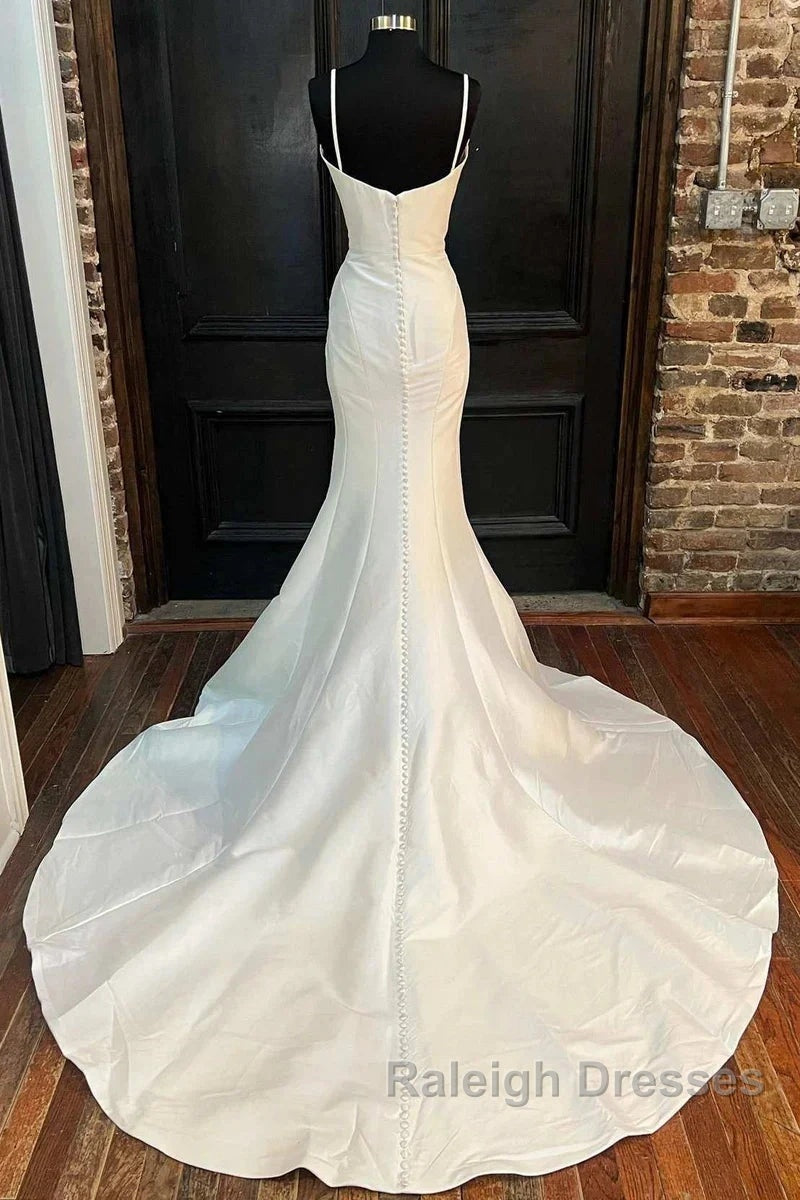 Mermaid White Spaghetti Straps Long Lace Wedding Dress Secondary image