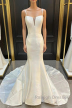 Mermaid White Spaghetti Straps Long Lace Wedding Dress