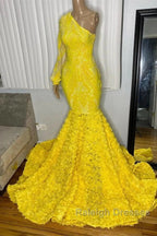 Mermaid Yellow One Shoulder  Long Sleeve Prom Dress