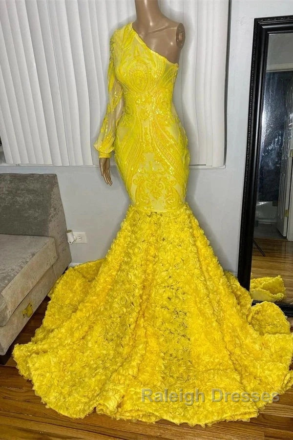Mermaid Yellow One Shoulder Long Sleeve Prom Dresses Secondary image