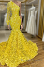 Mermaid Yellow One Shoulder  Long Sleeve Prom Dress