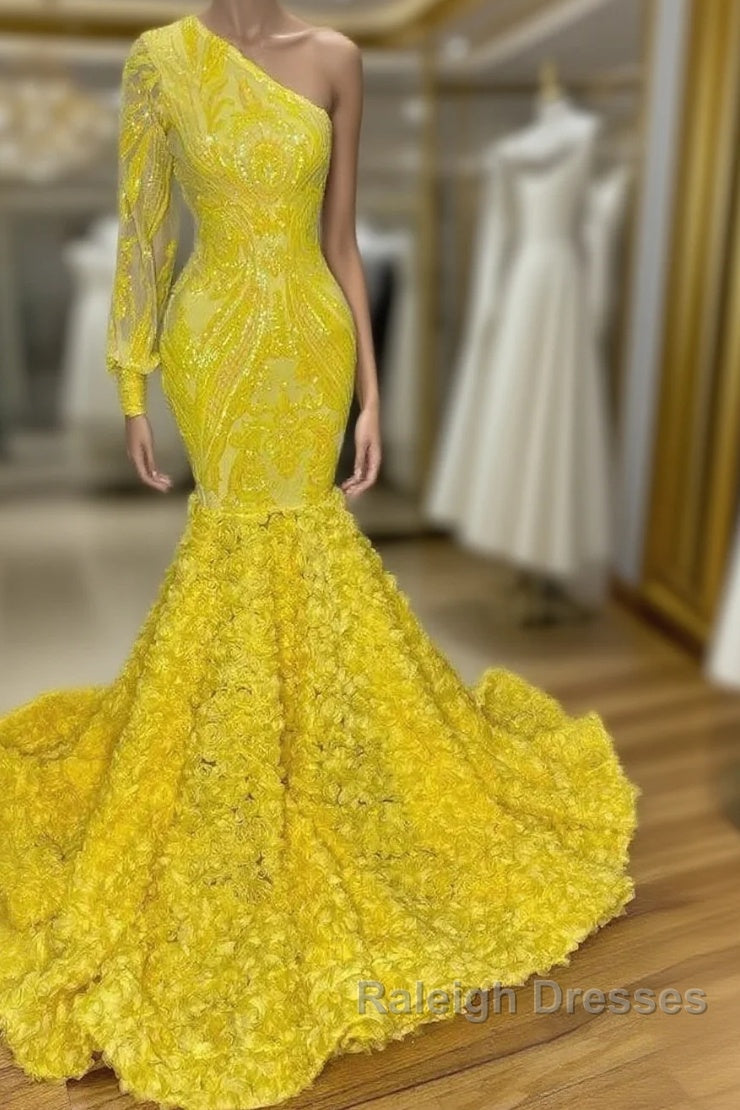 Mermaid Yellow One Shoulder Long Sleeve Prom Dresses Main image