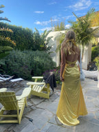 Mermaid Yellow Silk Satin Prom Dresses Long Backless Prom Dresses