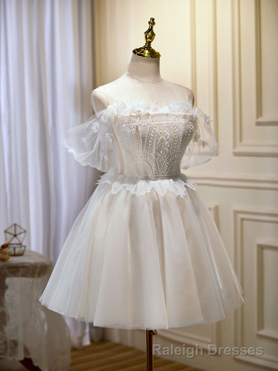 Mini/Short Beige Prom Dress, Puffy Beige Homecoming Dress With Lace Main image