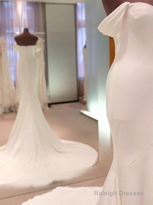 Minimalist Tight Fitting Off The Shoulder Short Sleeved And Floor Length Off The Back Wedding Dresses Secondary image